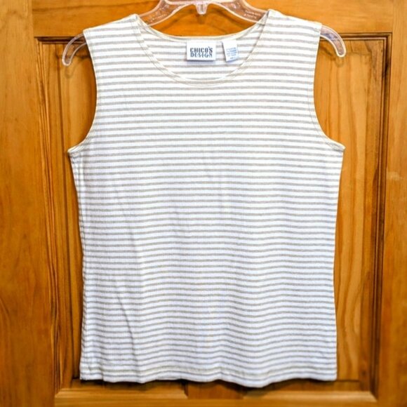 Chico’s Designs Women's Sz 3 Med Tank Top Beige Cream Stripes Sleeveless Stretch - Picture 1 of 9